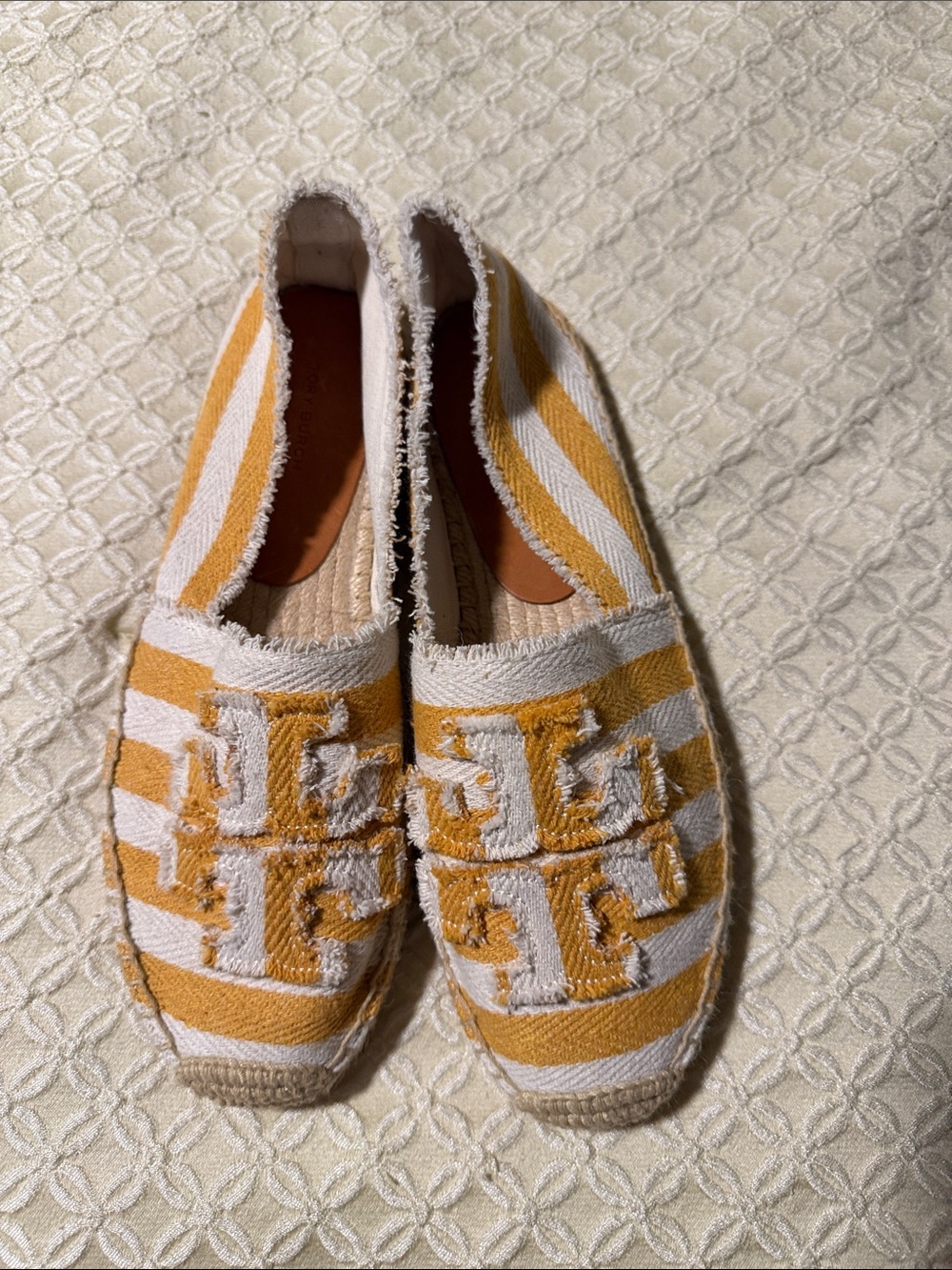 Tory Burch Yellow and White Striped Espadrille Slip-Ons with Logo Appliqué